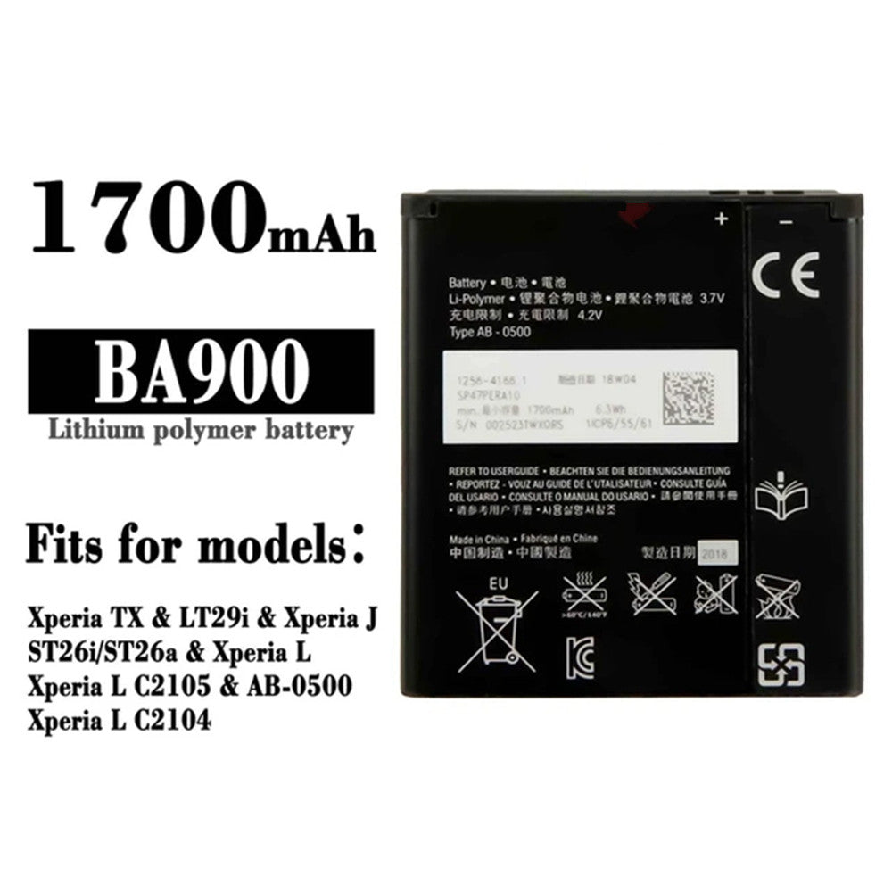 Batterie de remplacement pour Sony Xperia J ST26 TX GX LT29i L (C2104 C1904), BA900 Batterie de remplacement pour Sony Xperia J ST26 TX GX LT29i L (C2104 C1904), BA900
